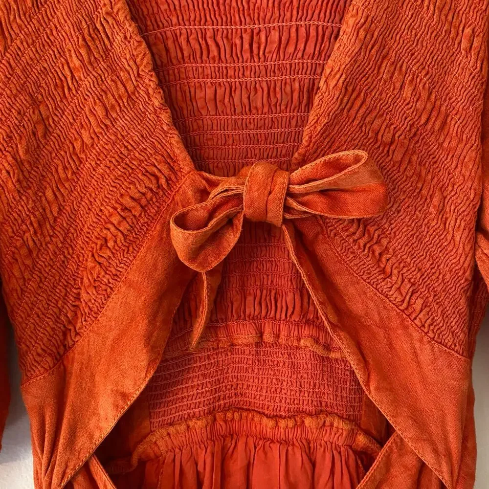 Free People Red Orange String of Hearts Button Down Puff Sleeve Maxi Dress Small